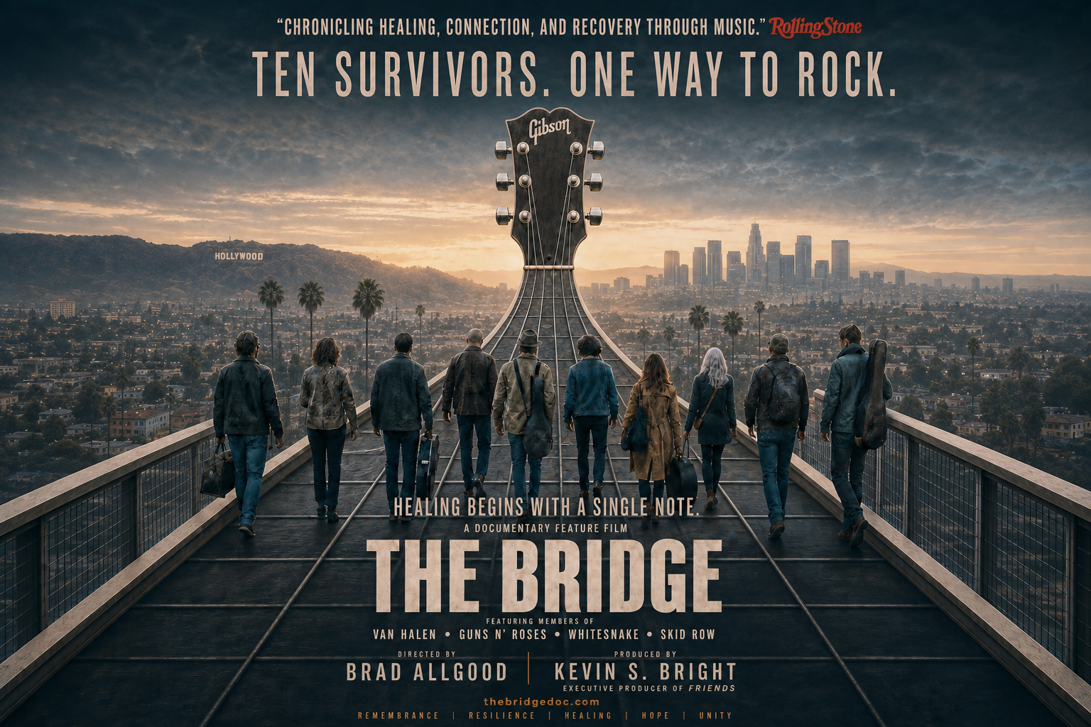 Horizontal poster for the documentary The Bridge, showing ten people walking along a bridge shaped like a guitar neck toward the Los Angeles skyline.